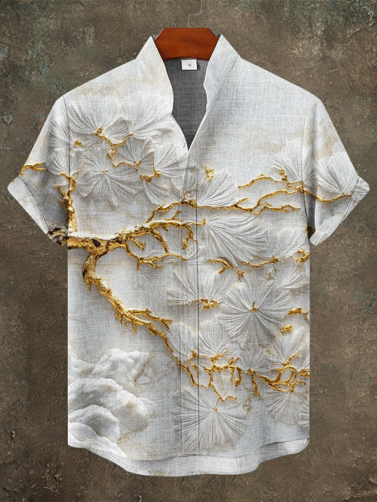 Japanese 3d Pine Needle Tree Art Men’s Linen Short Sleeve Shirt | Premium Cotton Linen Shirt for Men