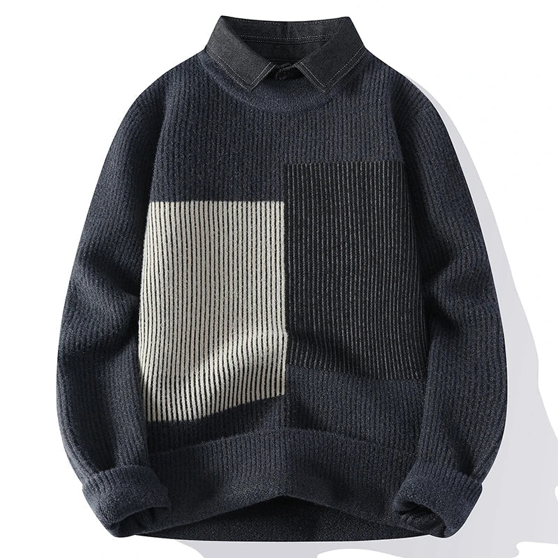 Autumn Winter Mens Clothing Turndown Collar Pullover Striped Patchwork Long Sleeve Fake Two Pieces Sweater Knitted Tops