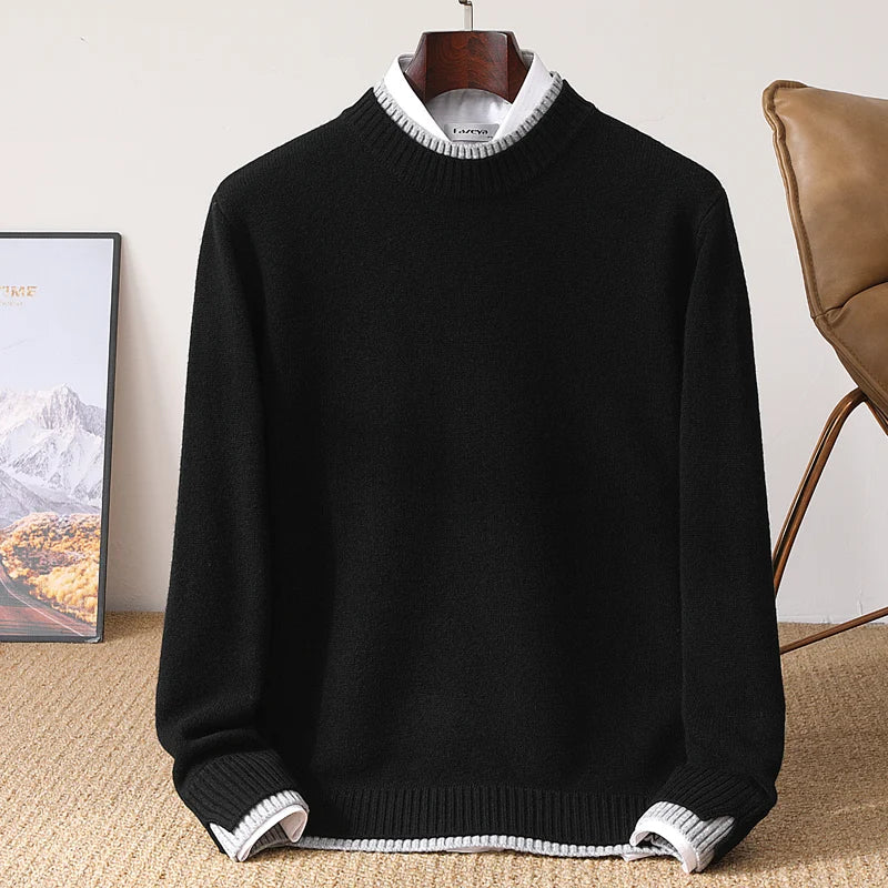 Thickened 100 Pure Wool Mens Semihigh Neck Autumn And Winter New Contrast Bottoming Sweater Business Warm Coat