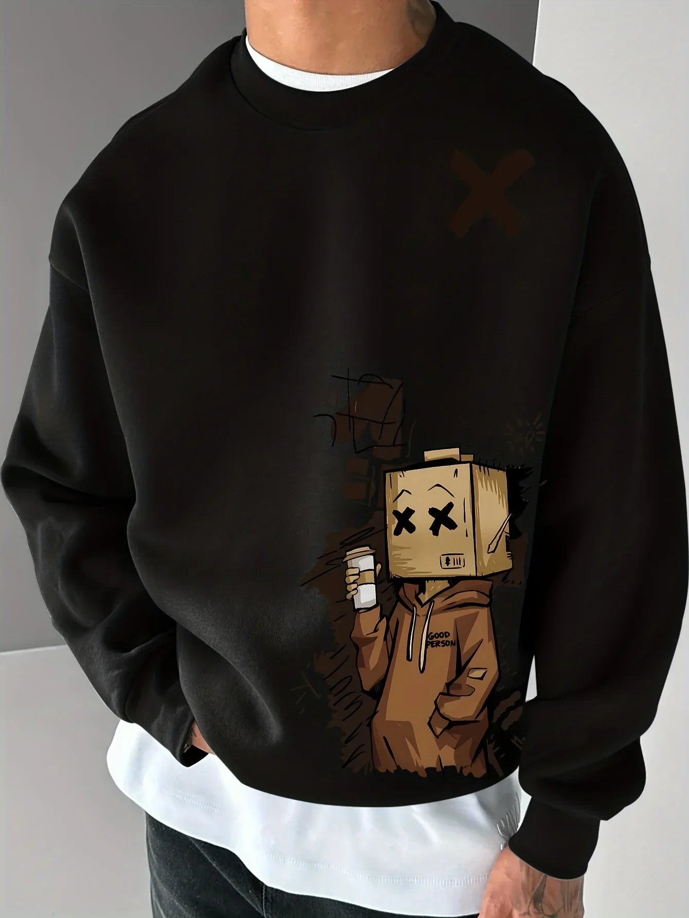 New Mens Autumn Fashion Cartoon Letter Print Comfortable Soft Long Sleeved Sweatshirt Outdoor Urban Pullover
