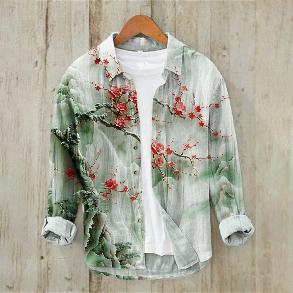 Japanese Art Plum Print Men’s Linen Long Sleeve Shirt | Premium Cotton Linen Shirt for Men