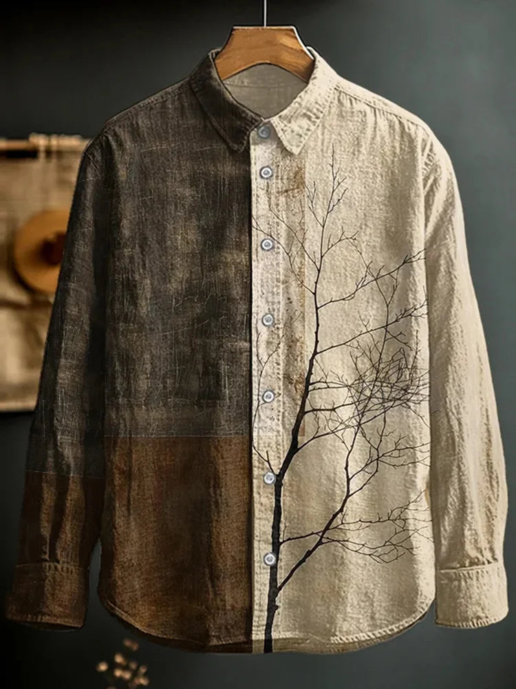 Men’s Dead Branch Color Splice Art Print Long Sleeve Shirt | Premium Cotton Linen Shirt for Men