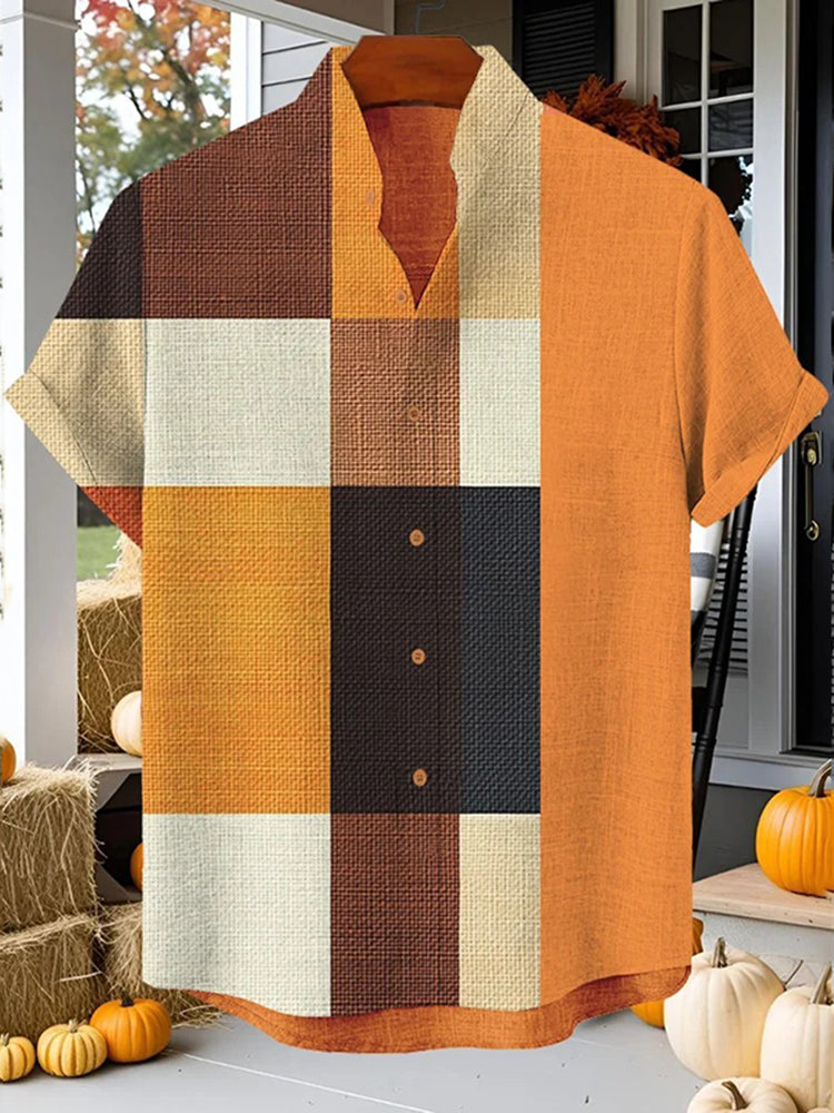 Men’s Plaid Colorblock Print Short Sleeve Shirt | Premium Cotton Linen Shirt for Men