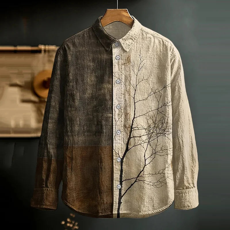 Men’s Dead Branch Color Splice Art Print Long Sleeve Shirt | Premium Cotton Linen Shirt for Men