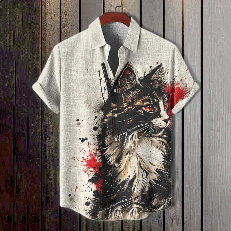 Men’s Cat Warrior Splash Ink Art Print Short Sleeve Shirt | Premium Cotton Linen Shirt for Men