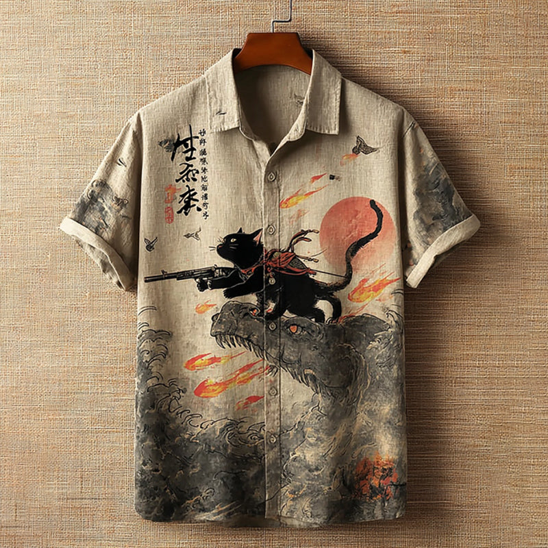 Men’s Retro Black Cat Printed Short Sleeve Shirt | Premium Cotton Linen Shirt for Men