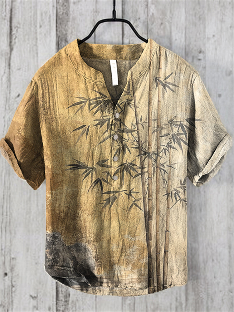Men’s Japanese Art Bamboo Casual Short Sleeve Shirt | Premium Cotton Linen Shirt for Men