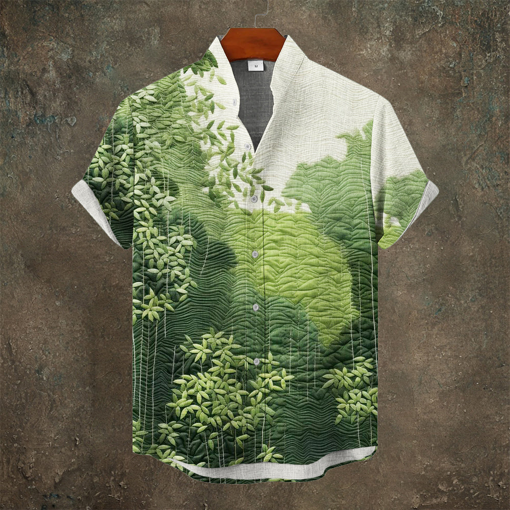 Japanese Bamboo Leaf Embroidery Art Men’s Linen Short Sleeve Shirt | Premium Cotton Linen Shirt for Men