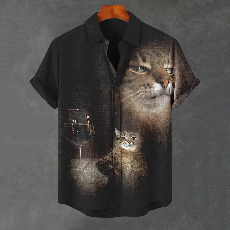 Men’s Funny Cat And Wine Art Casual Short Sleeve Shirts | Premium Cotton Linen Shirt for Men