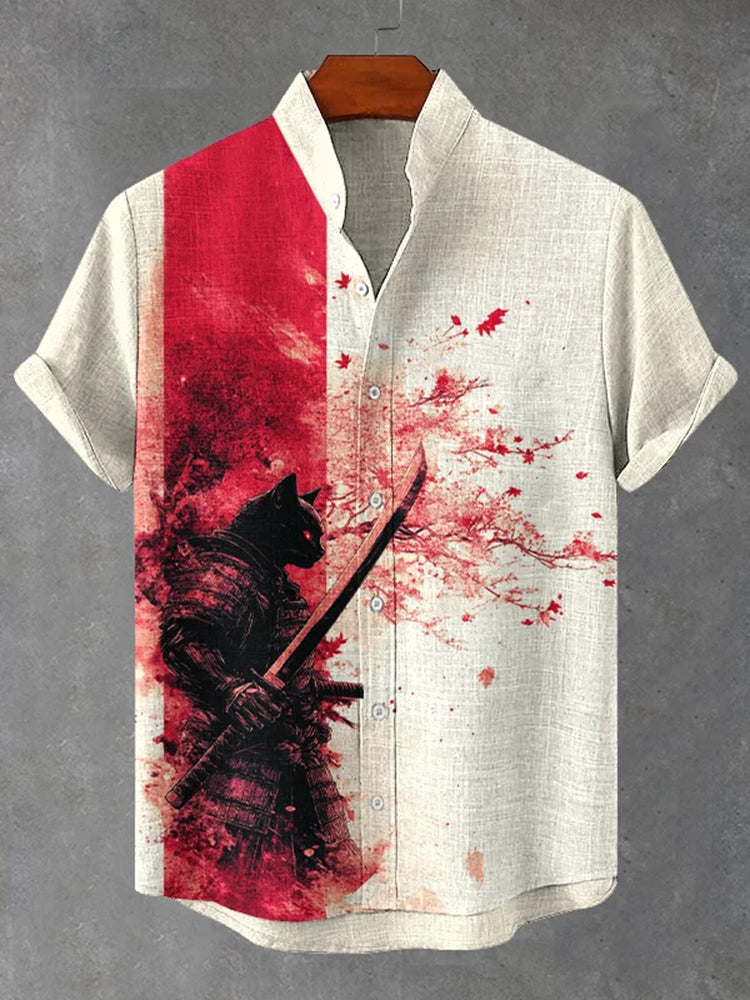 Men’s Black Cat Warrior Art Print Short Sleeve Shirt | Premium Cotton Linen Shirt for Men