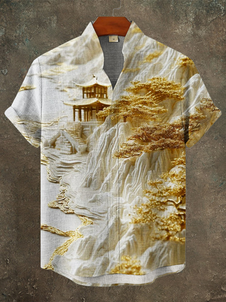 Japanese 3d Gold Tree And Building Men’s Linen Short Sleeve Shirt | Premium Cotton Linen Shirt for Men