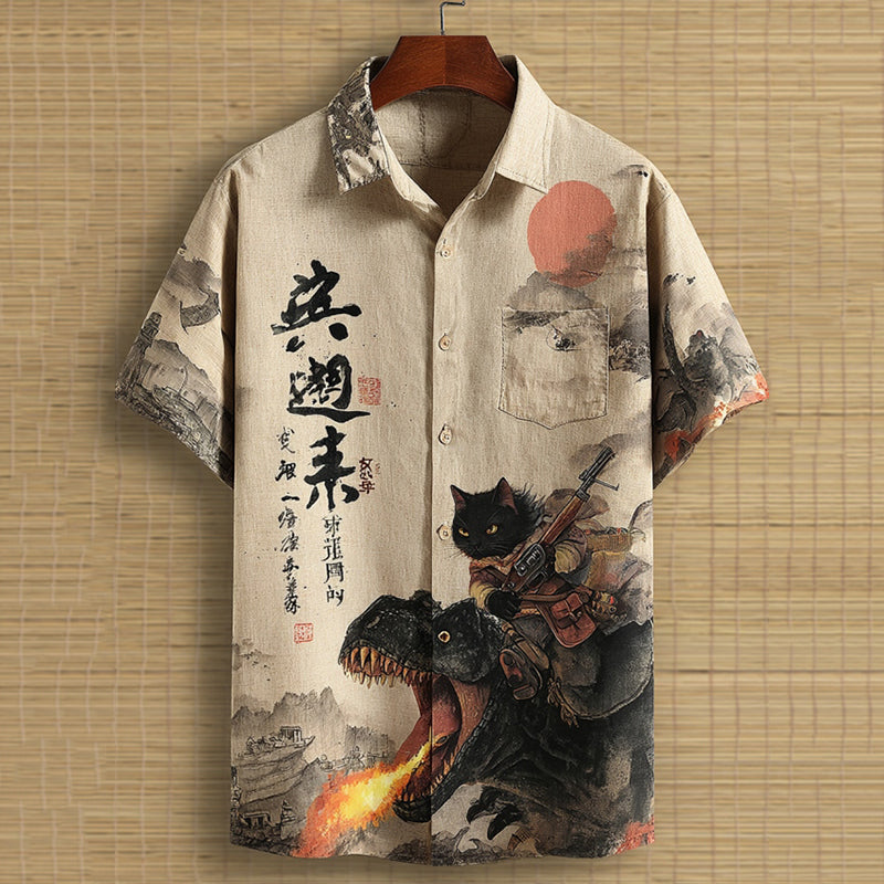 Men’s Retro Calligraphy Cat Dinosaur Printed Short Sleeve Shirt | Premium Cotton Linen Shirt for Men