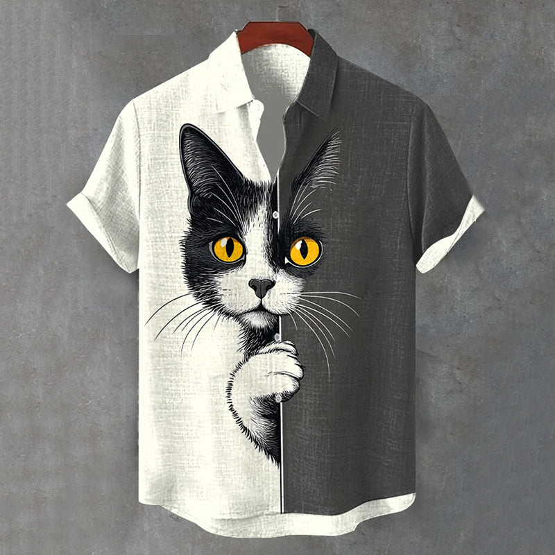 Men’s The Peeping Cat Colorblock Art Casual Short Sleeve Shirts | Premium Cotton Linen Shirt for Men