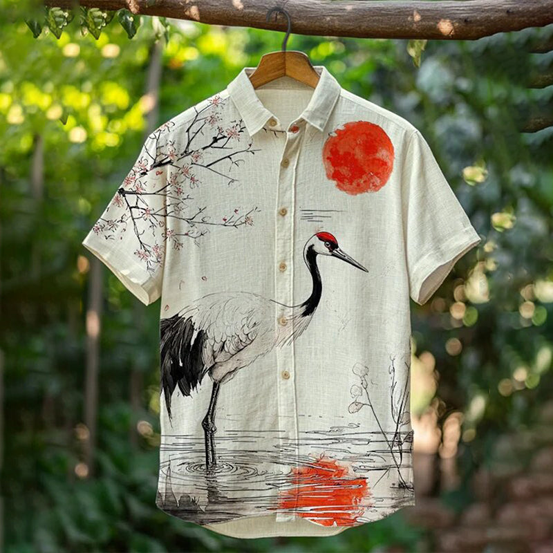 Men’s Flying Crane Moon Japanese Print Short Sleeve Shirt | Premium Cotton Linen Shirt for Men