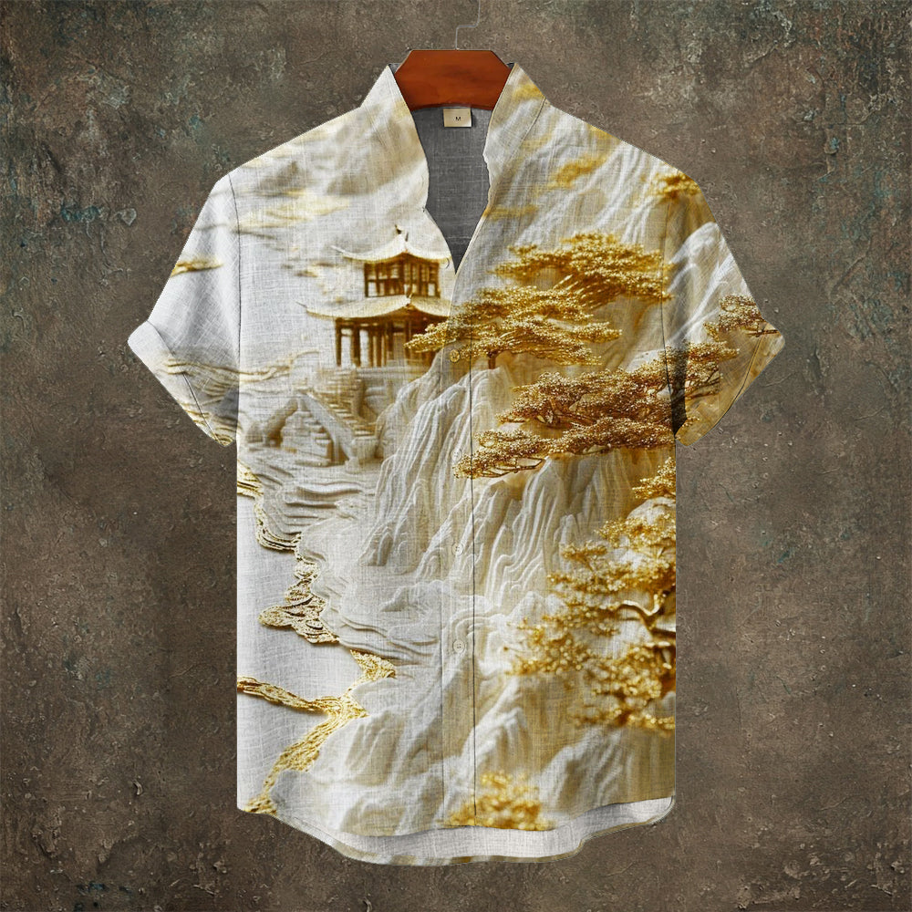 Japanese 3d Gold Tree And Building Men’s Linen Short Sleeve Shirt | Premium Cotton Linen Shirt for Men