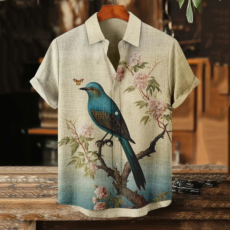 Men’s Floral Bird Butterfly Art Print Short Sleeve Shirt | Premium Cotton Linen Shirt for Men