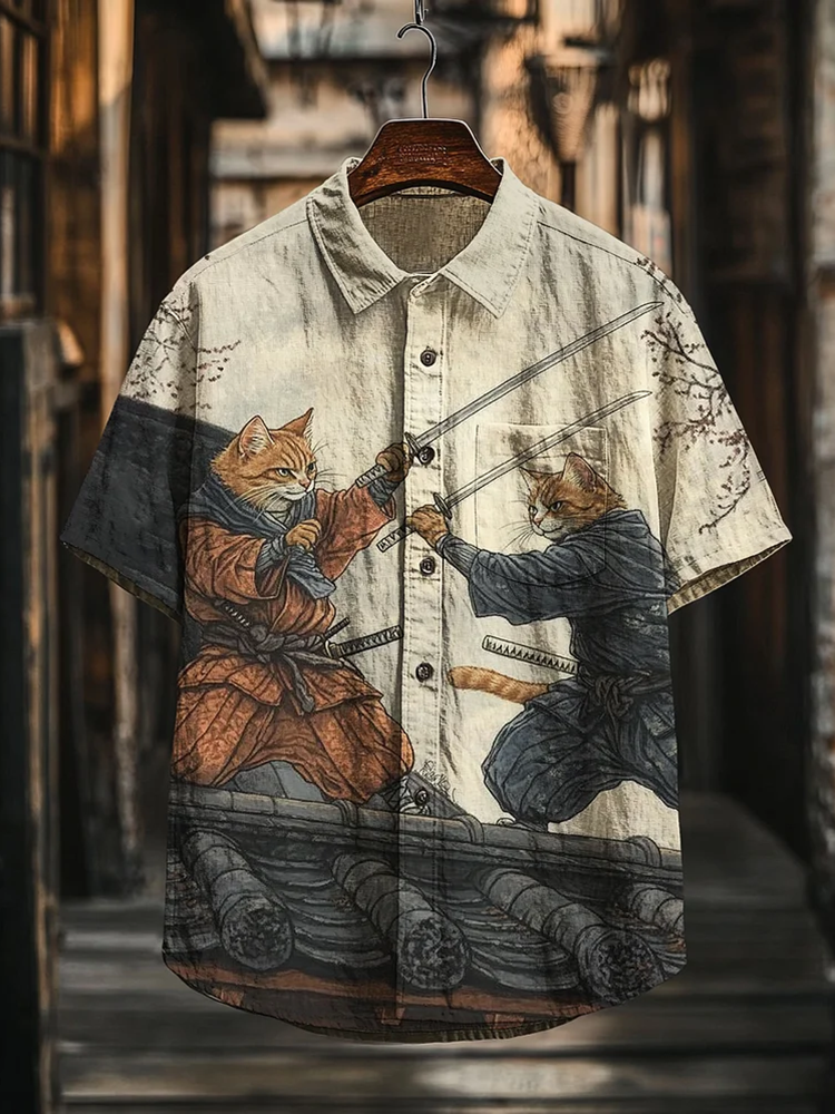 Men’s Warrior Cats Fighting On The Rooftop Art Casual Short Sleeve Shirts | Premium Cotton Linen Shirt for Men