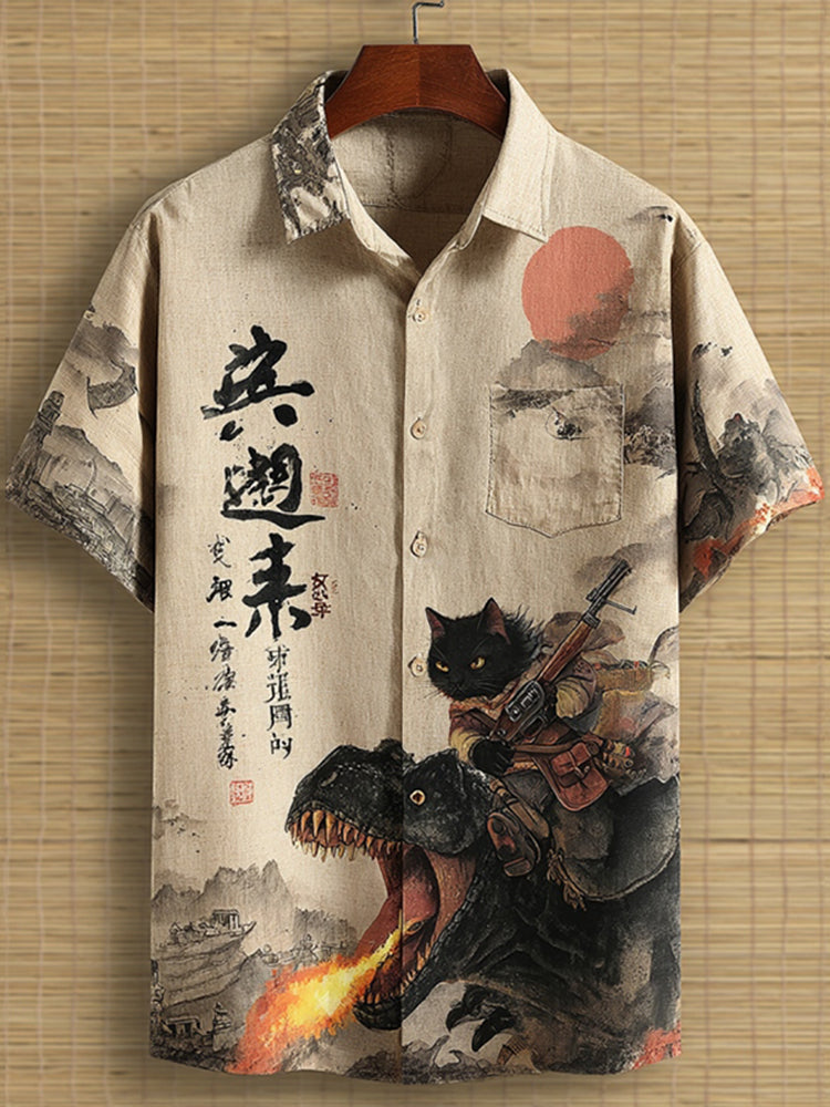 Men’s Retro Calligraphy Cat Dinosaur Printed Short Sleeve Shirt | Premium Cotton Linen Shirt for Men