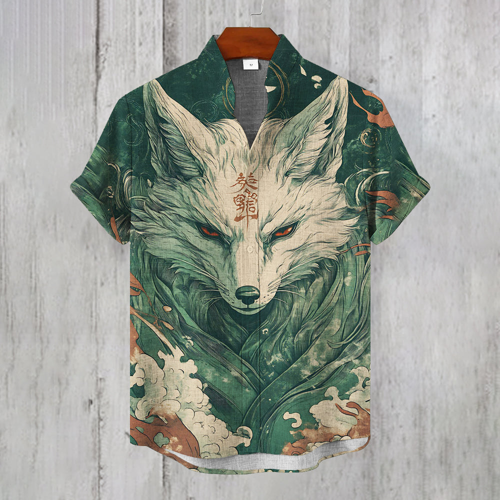 Japanese Nine-tailed Fox Totem Vintage Men’s Linen Short Sleeve Shirt | Premium Cotton Linen Shirt for Men