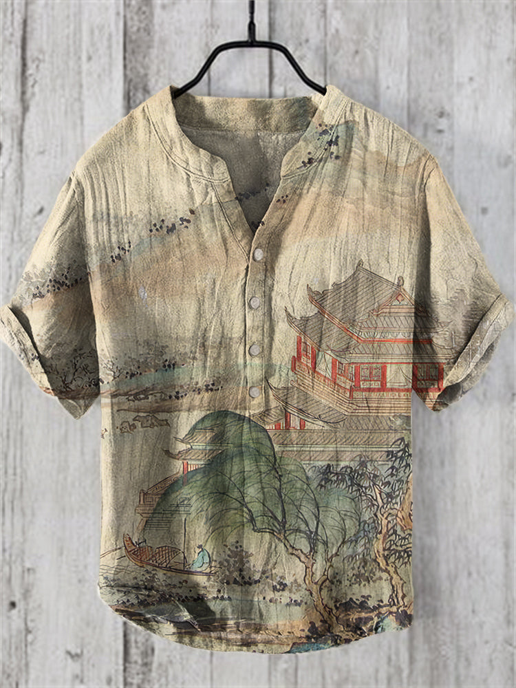 Men’s Japanese Art Landscape Casual Short Sleeve Shirt | Premium Cotton Linen Shirt for Men