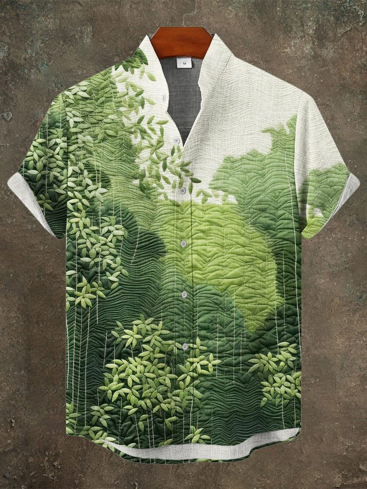 Japanese Bamboo Leaf Embroidery Art Men’s Linen Short Sleeve Shirt | Premium Cotton Linen Shirt for Men
