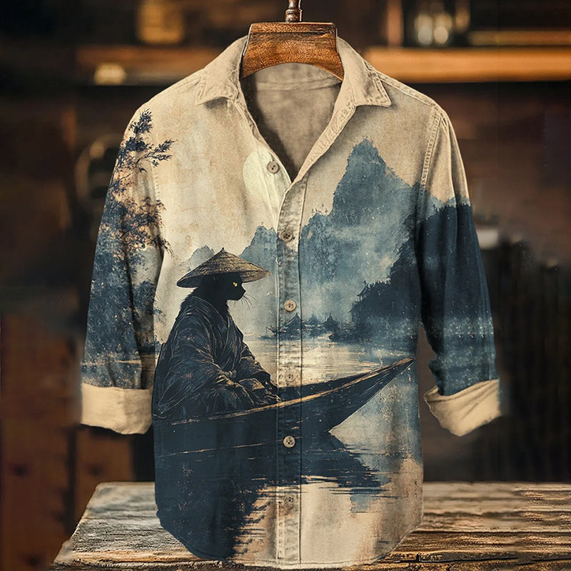 Men’s Black Cat Rowing Landscape Ink Painting Art Print Long Sleeve Shirt | Premium Cotton Linen Shirt for Men