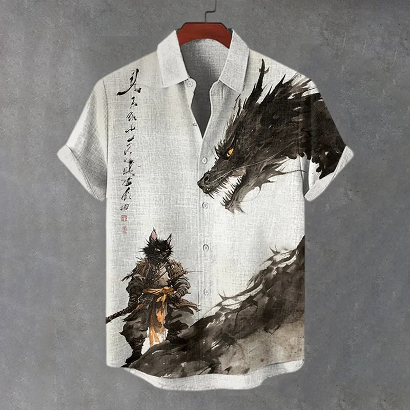 Men’s Cat Warrior And Dragon Duel Ink Painting Art Print Short Sleeve Shirt | Premium Cotton Linen Shirt for Men