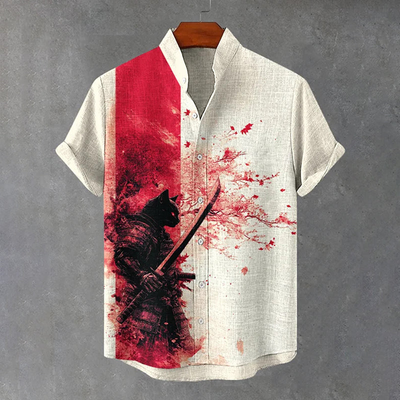 Men’s Black Cat Warrior Art Print Short Sleeve Shirt | Premium Cotton Linen Shirt for Men