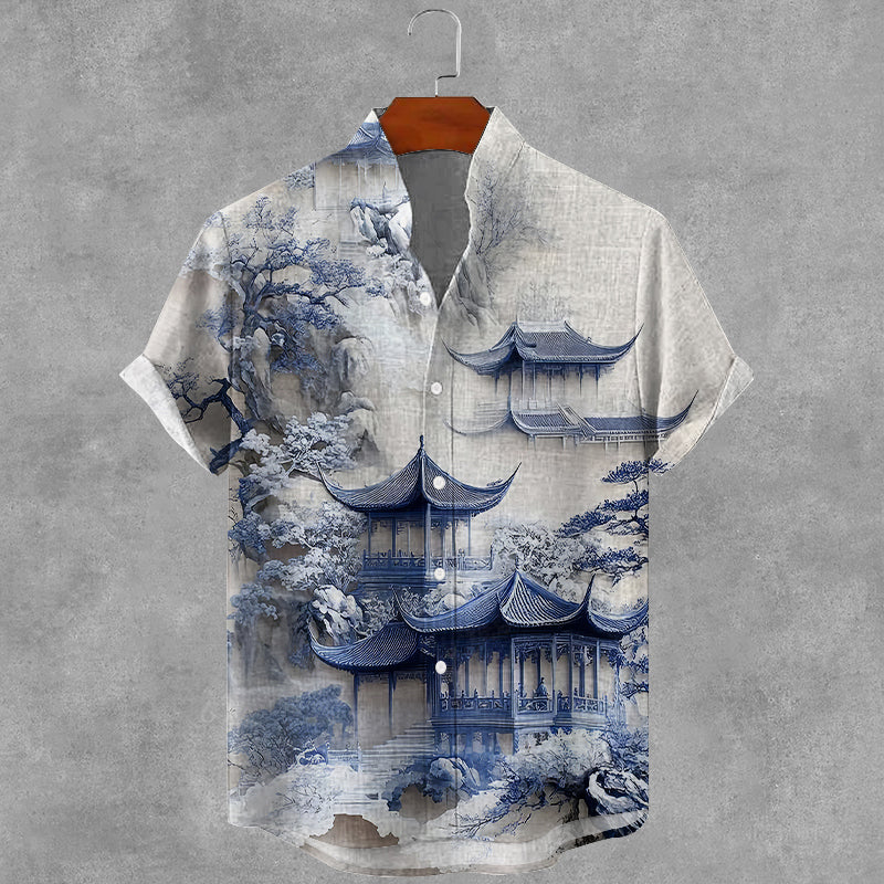 Men’s Japanese Art Print Casual Short Sleeve Shirt | Premium Cotton Linen Shirt for Men