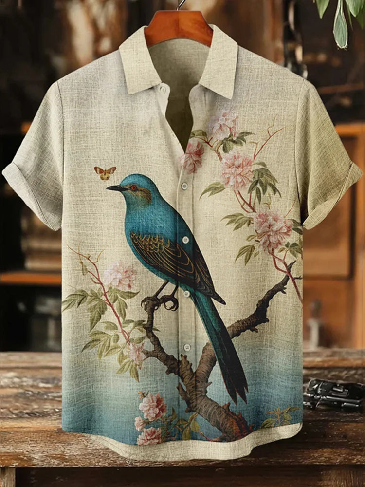 Men’s Floral Bird Butterfly Art Print Short Sleeve Shirt | Premium Cotton Linen Shirt for Men