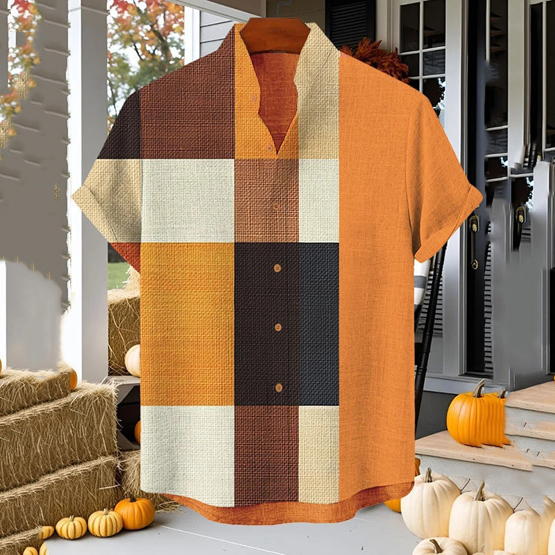 Men’s Plaid Colorblock Print Short Sleeve Shirt | Premium Cotton Linen Shirt for Men