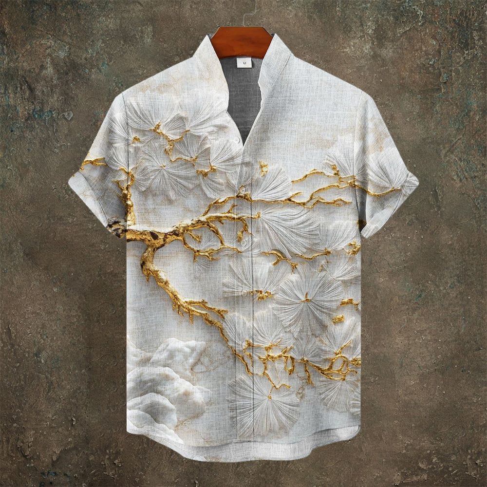 Japanese 3d Pine Needle Tree Art Men’s Linen Short Sleeve Shirt | Premium Cotton Linen Shirt for Men