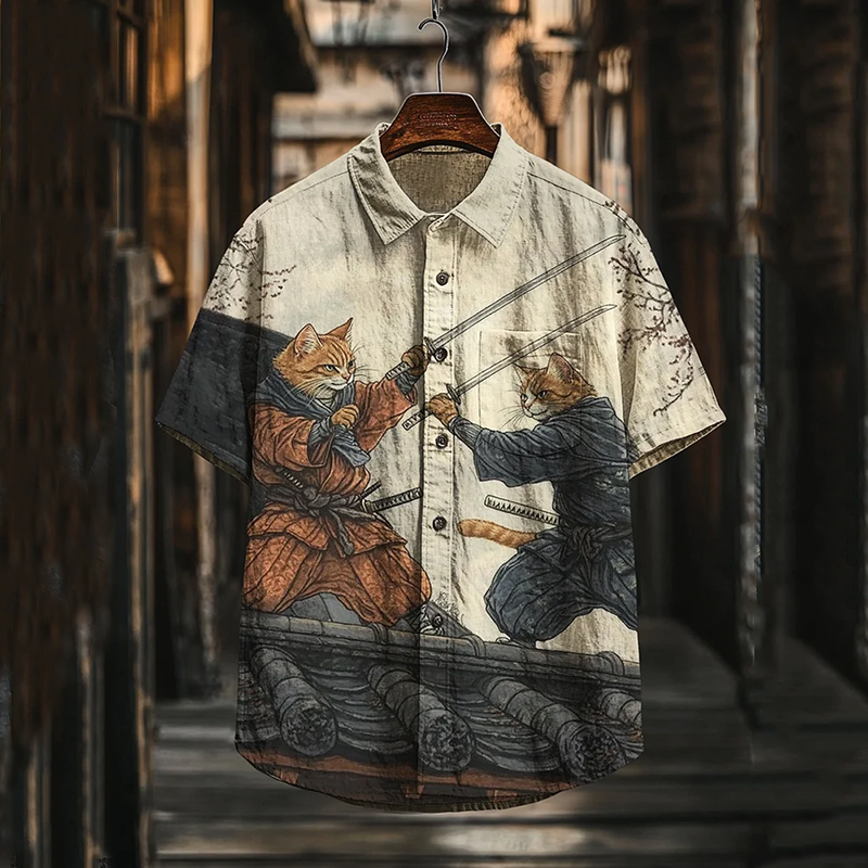 Men’s Warrior Cats Fighting On The Rooftop Art Casual Short Sleeve Shirts | Premium Cotton Linen Shirt for Men