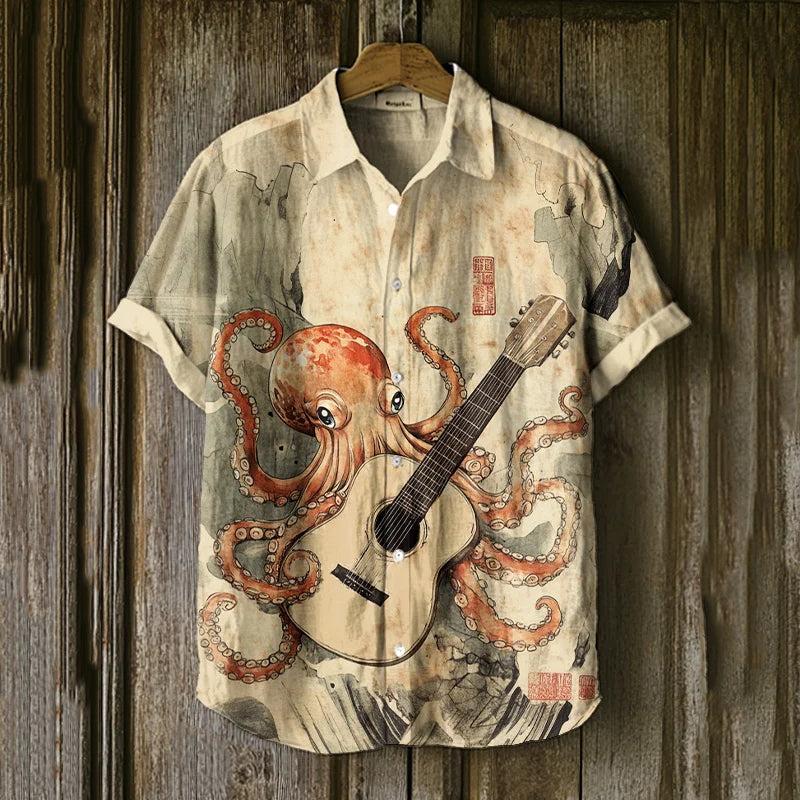 Men’s Octopus Guitarist Vintage Watercolor Art Print Short Sleeve Shirt | Premium Cotton Linen Shirt for Men