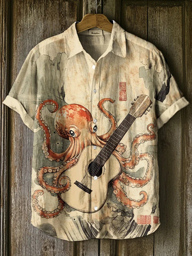 Men’s Octopus Guitarist Vintage Watercolor Art Print Short Sleeve Shirt | Premium Cotton Linen Shirt for Men