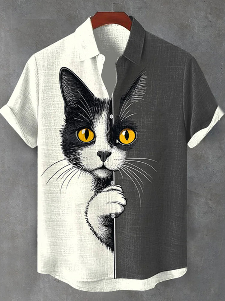 Men’s The Peeping Cat Colorblock Art Casual Short Sleeve Shirts | Premium Cotton Linen Shirt for Men
