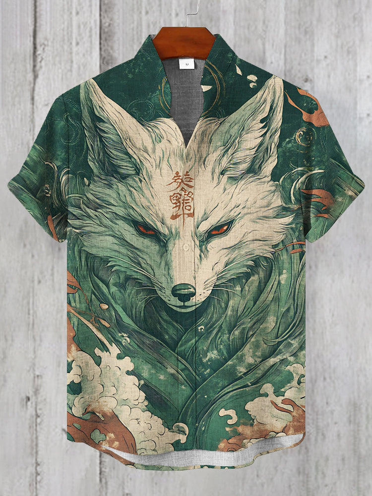 Japanese Nine-tailed Fox Totem Vintage Men’s Linen Short Sleeve Shirt | Premium Cotton Linen Shirt for Men