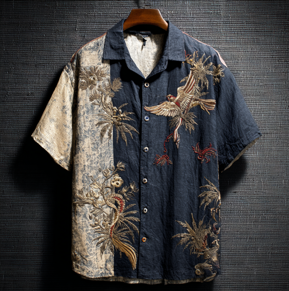 Japanese Art Style Bird And Flower Pattern Men’s Cotton And Linen Short Sleeve Shirt | Premium Cotton Linen Shirt for Men