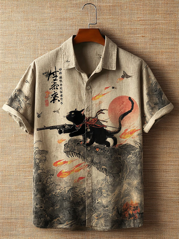 Men’s Retro Black Cat Printed Short Sleeve Shirt | Premium Cotton Linen Shirt for Men