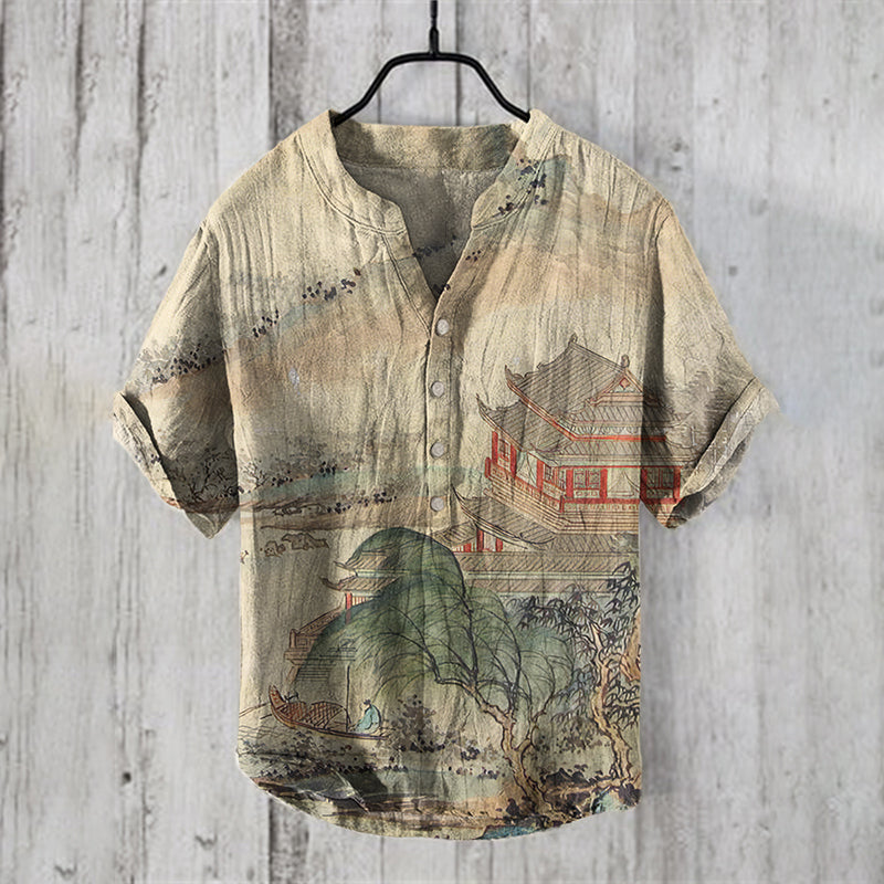 Men’s Japanese Art Landscape Casual Short Sleeve Shirt | Premium Cotton Linen Shirt for Men