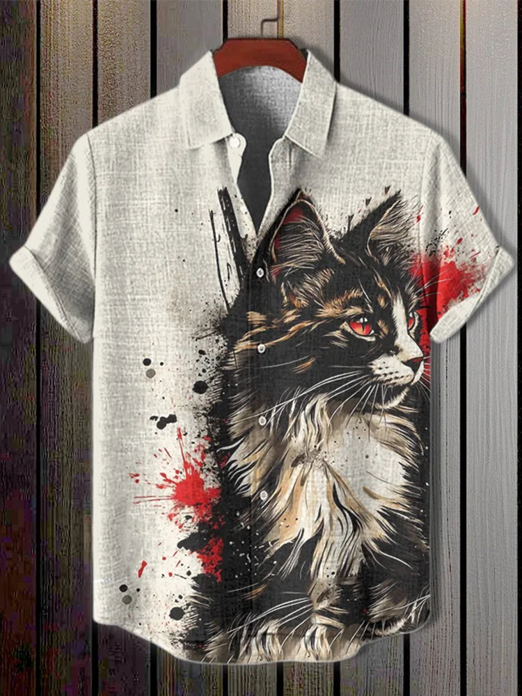 Men’s Cat Warrior Splash Ink Art Print Short Sleeve Shirt | Premium Cotton Linen Shirt for Men