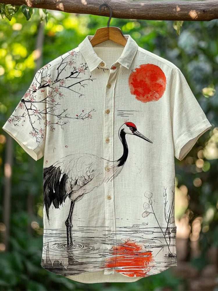 Men’s Flying Crane Moon Japanese Print Short Sleeve Shirt | Premium Cotton Linen Shirt for Men