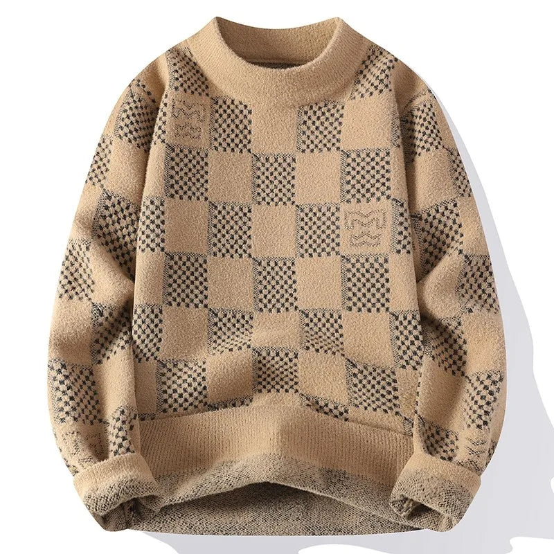 New Checkered Knitted Sweater American 2024 Trendy Mens Tops Classic Autumn Knitted Hoodie Fashionable Slimming Harajuku