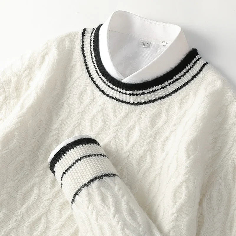 100 Pure Sweater Mens Round Neck Thickened Business Knitted Bottoming Shirt Youth Jacquard Sweater For Autumn And Winter
