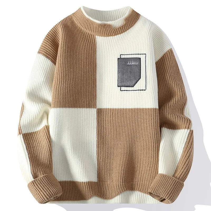 Mens Knitted Sweater Oneck Loose Pullover Contrast Letter Warm Casual Fashion Autumn And Winter Elegant Commuting Knitwear
