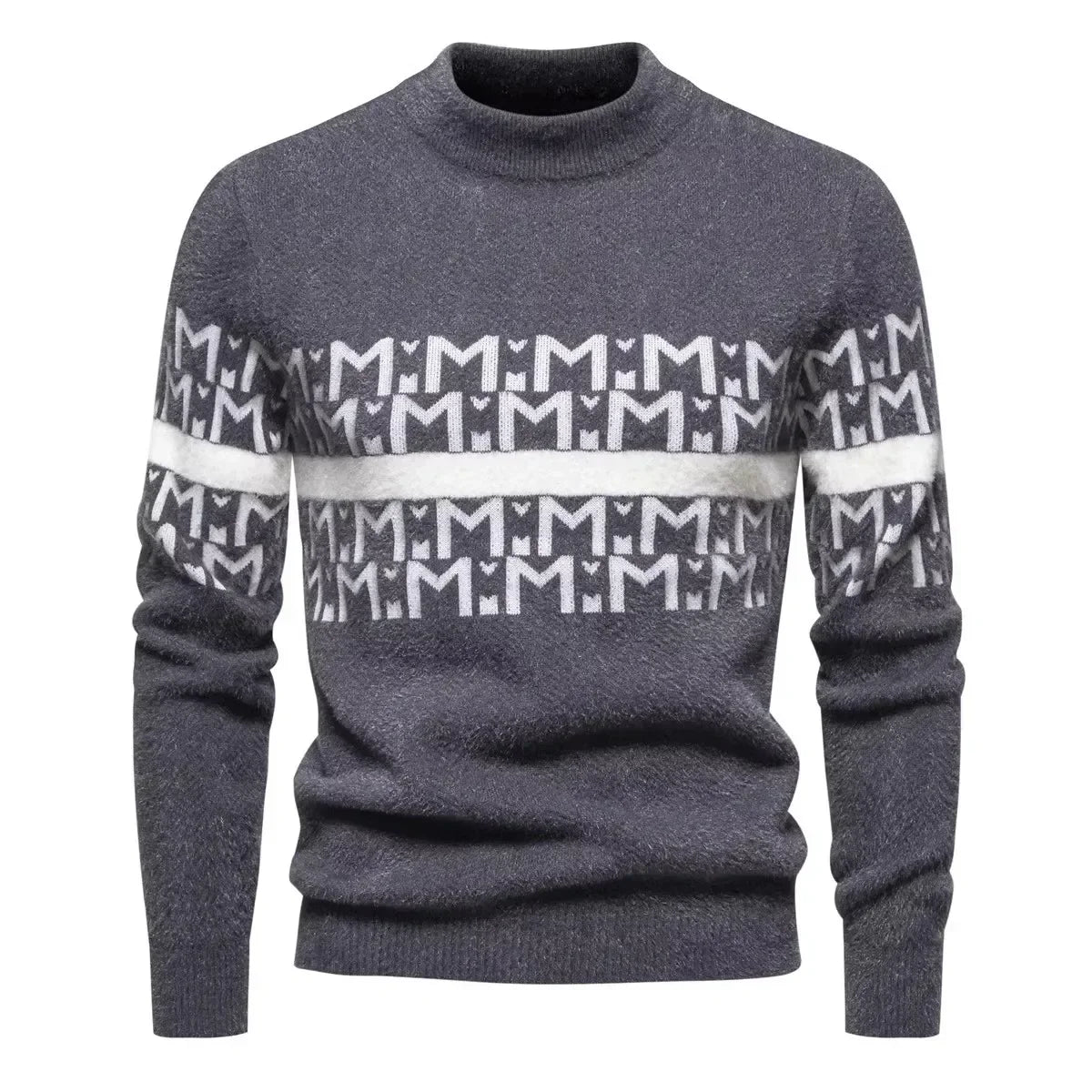Mens Autumn Winter Knitted Sweater Round Neck Warm Inner Wear Loose Cashmere Flower Patterned Top Youth Casual Long Sleeve