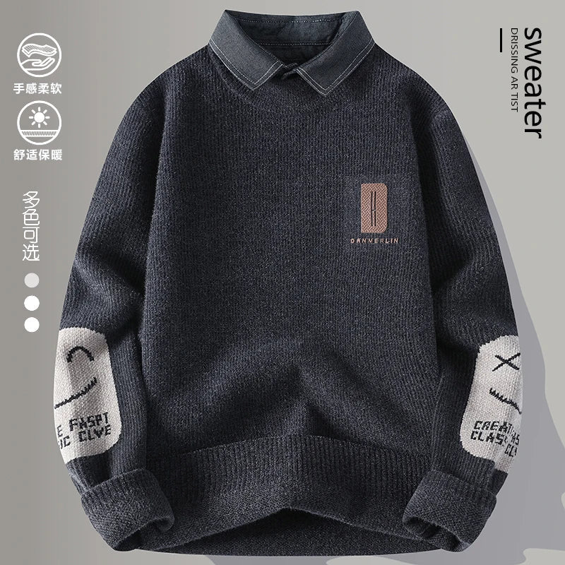 2024 Winter Fashion Fake Two Pieces Sweater Men Casual Knit Pullovers Mens Thick Warm Loose Knitted Sweaters Streetwear Man