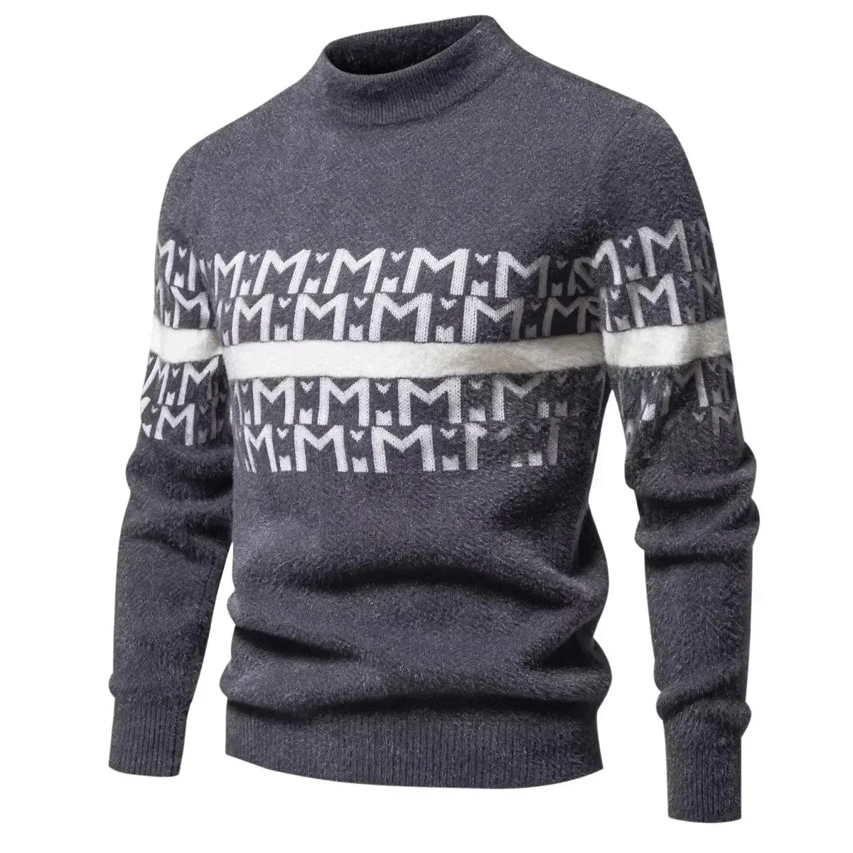 Mens Autumn Winter Knitted Sweater Round Neck Warm Inner Wear Loose Cashmere Flower Patterned Top Youth Casual Long Sleeve