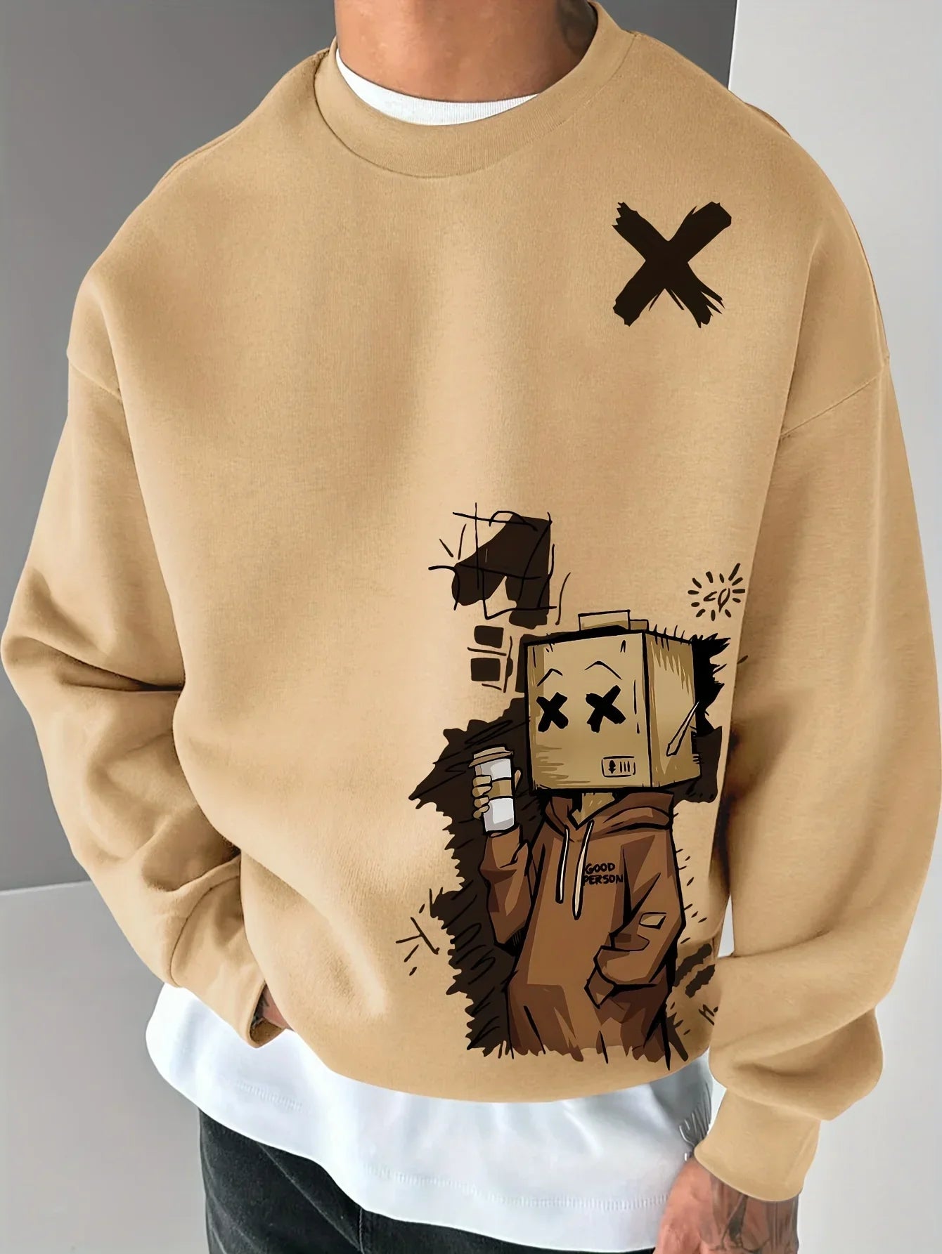 New Mens Autumn Fashion Cartoon Letter Print Comfortable Soft Long Sleeved Sweatshirt Outdoor Urban Pullover