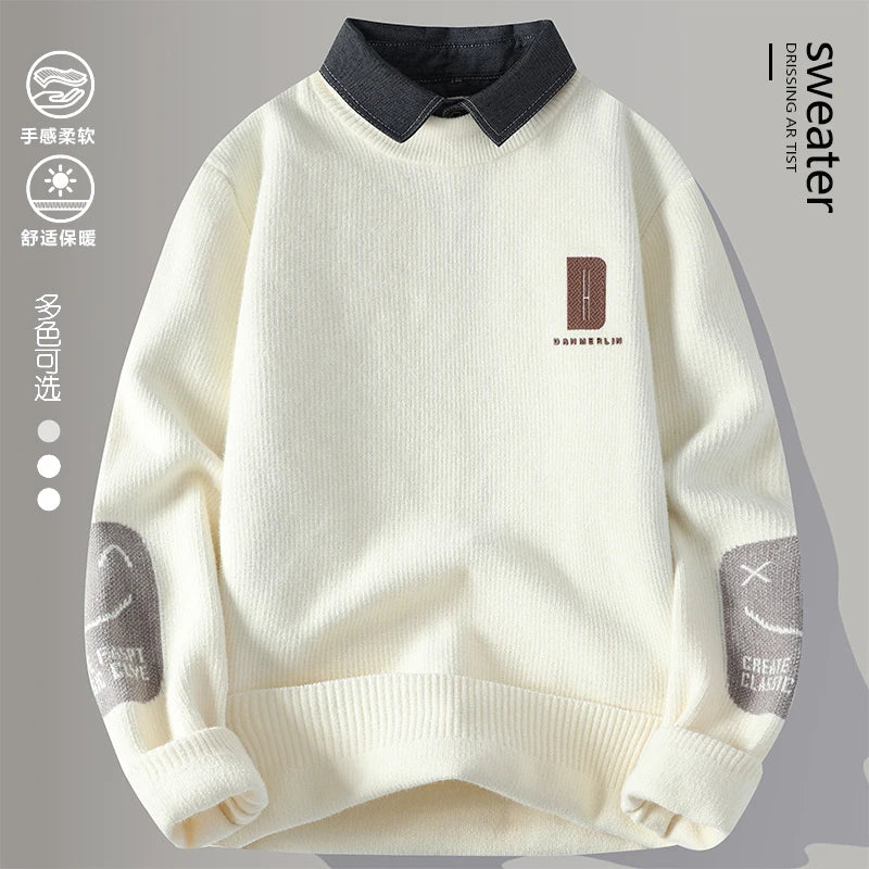 2024 Winter Fashion Fake Two Pieces Sweater Men Casual Knit Pullovers Mens Thick Warm Loose Knitted Sweaters Streetwear Man